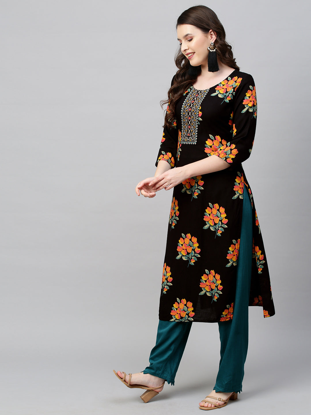 Floral Printed & Embroidered Straight Fit Kurta - Black