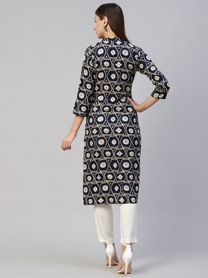 Ethnic Printed & Embroidered Straight Fit Kurta - Navy Blue