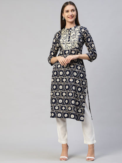 Ethnic Printed & Embroidered Straight Fit Kurta - Navy Blue