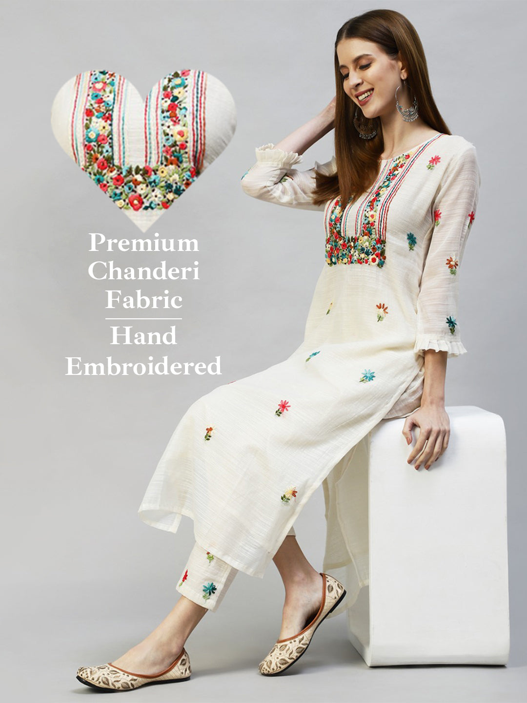 Floral Hand Embroidered Hand Embroidered Straight Fit Kurta with Pants - Off White