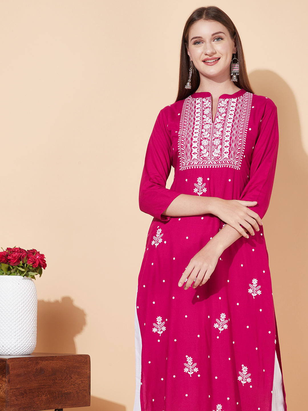 Floral Chikankari Embroidered Straight Fit Kurta - Magenta Pink