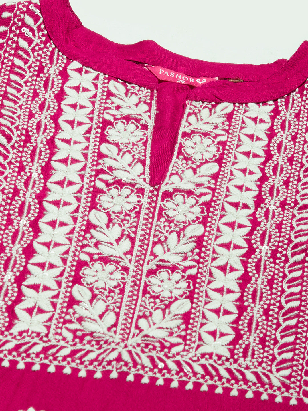 Floral Chikankari Embroidered Straight Fit Kurta - Magenta Pink