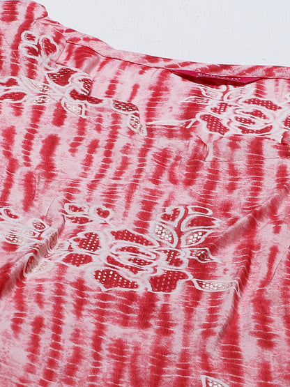 Tie-Dye & Floral Printed A-Line Flare Kurta - Pink