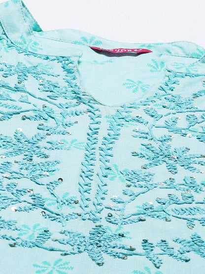 Ethnic Printed & Hand Embroidered Straight Fit Kurta - Aqua blue