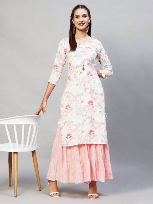 Floral Printed & Hand Embroidered Straight Fit Kurta with Sharara - Off White