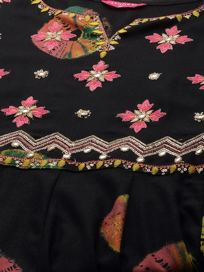 Ethnic Printed & Embroidered Anarkali Flared Midi Dress - Black