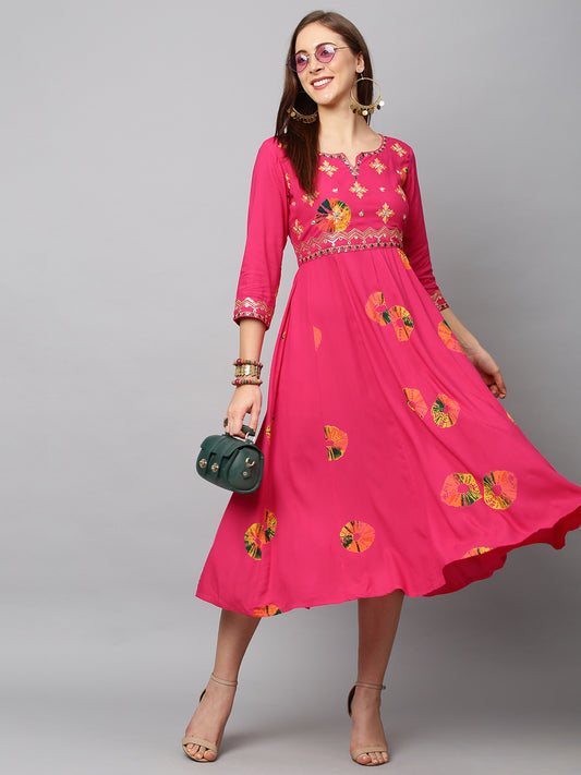 Ethnic Printed & Embroidered Anarkali Flared Midi Dress - Hot Pink