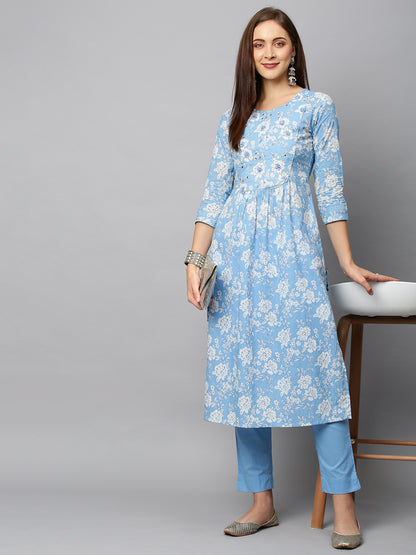 Floral Printed & Embroidered A-Line Kurta with Pants - Light Blue