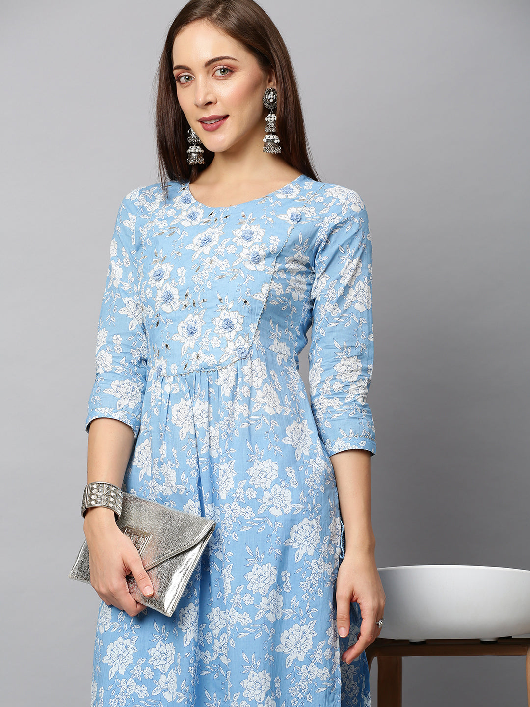 Floral Printed & Embroidered A-Line Kurta with Pants - Light Blue