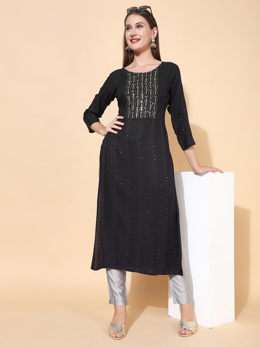 Ethnic Hand Embroidered Straight Fit Kurta - Black