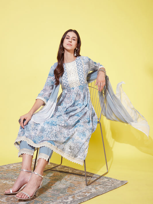 Floral Printed & Embroidered A-Line Kurta with Pants & Dupatta - Powder Blue