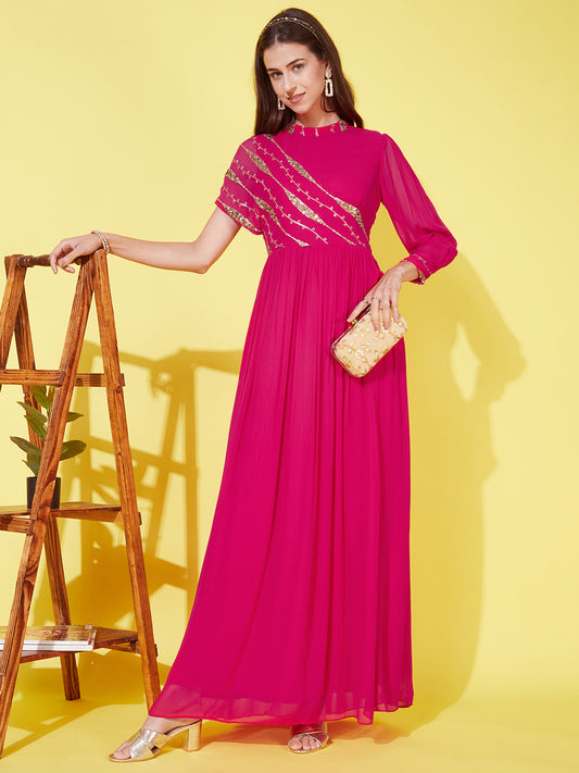 Ethnic Sequin Embroidered Maxi Flared Dress - Hot Pink