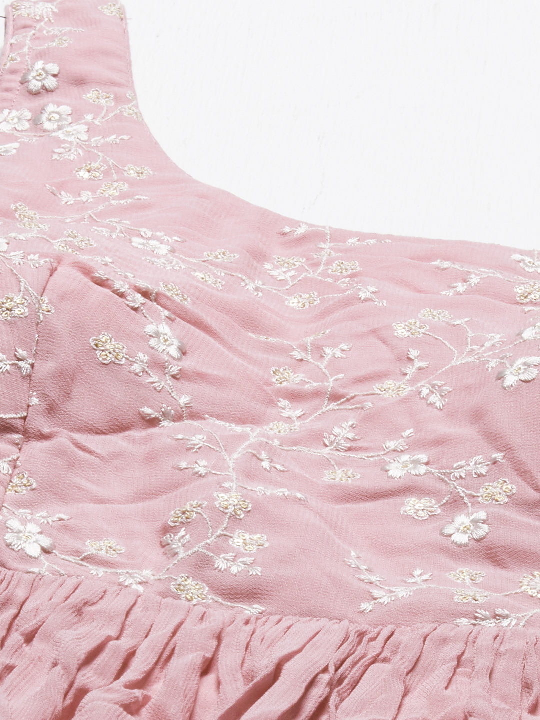 Floral Embroidered Flared Maxi Dress with Dupatta & Belt - Pastel Pink