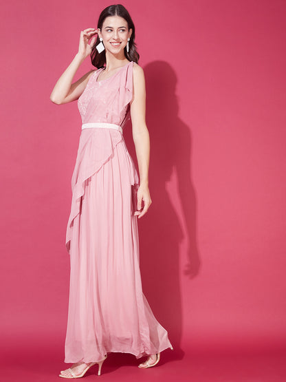 Floral Embroidered Flared Maxi Dress with Dupatta & Belt - Pastel Pink