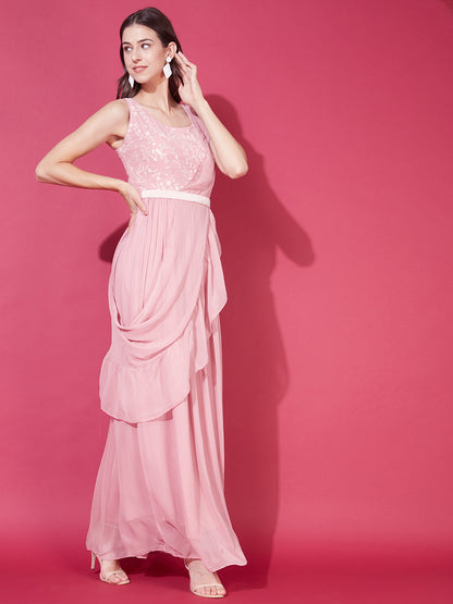 Floral Embroidered Flared Maxi Dress with Dupatta & Belt - Pastel Pink