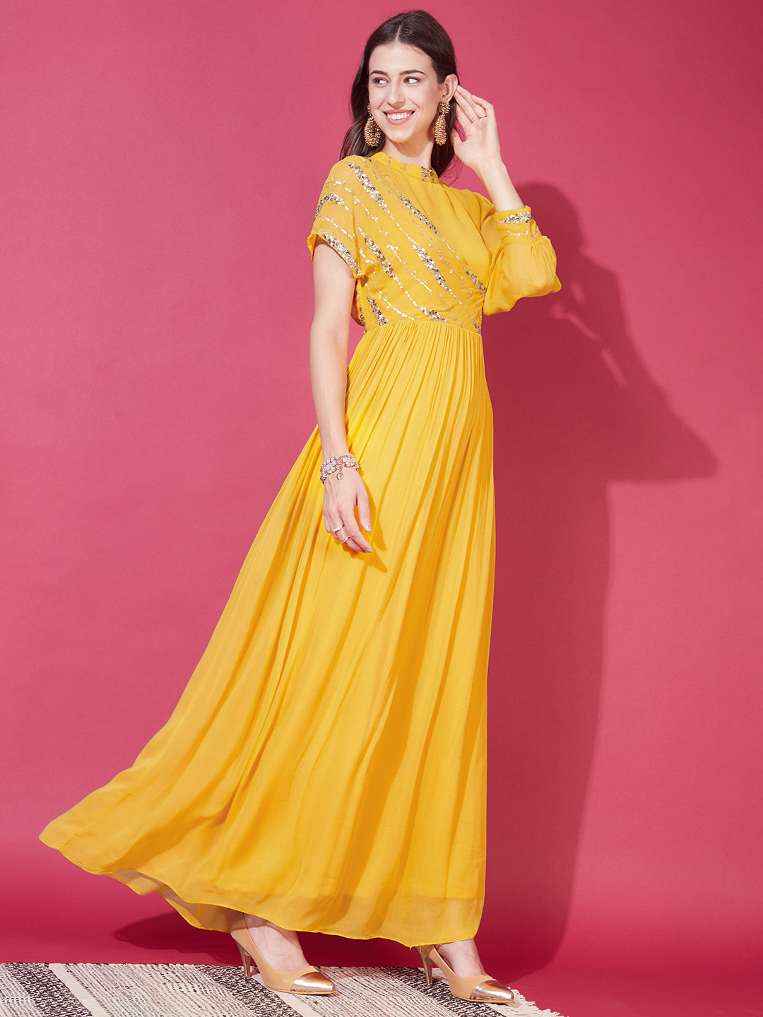 Buy online Yellow Floral Flared Ethnic Dress from ethnic wear for Women by  W for ₹2750 at 45% off | 2024 Limeroad.com