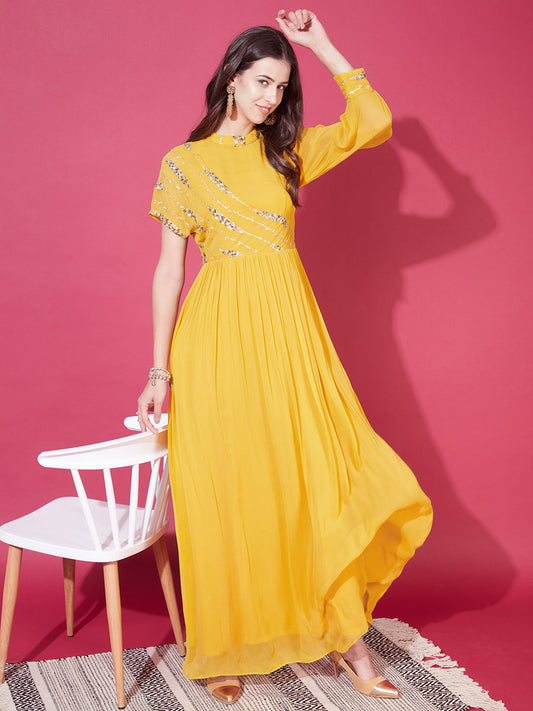 Ethnic Sequin Embroidered Maxi Flared Dress - Yellow