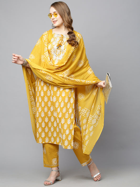 Ethnic Printed & Embroidered Straight Kurta with Pants & Dupatta - Mustard