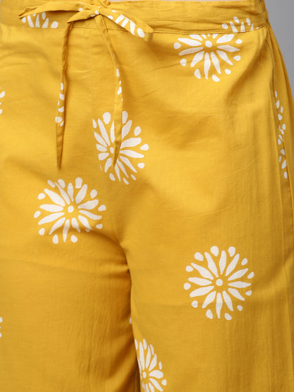 Ethnic Printed & Embroidered Straight Kurta with Pants & Dupatta - Mustard