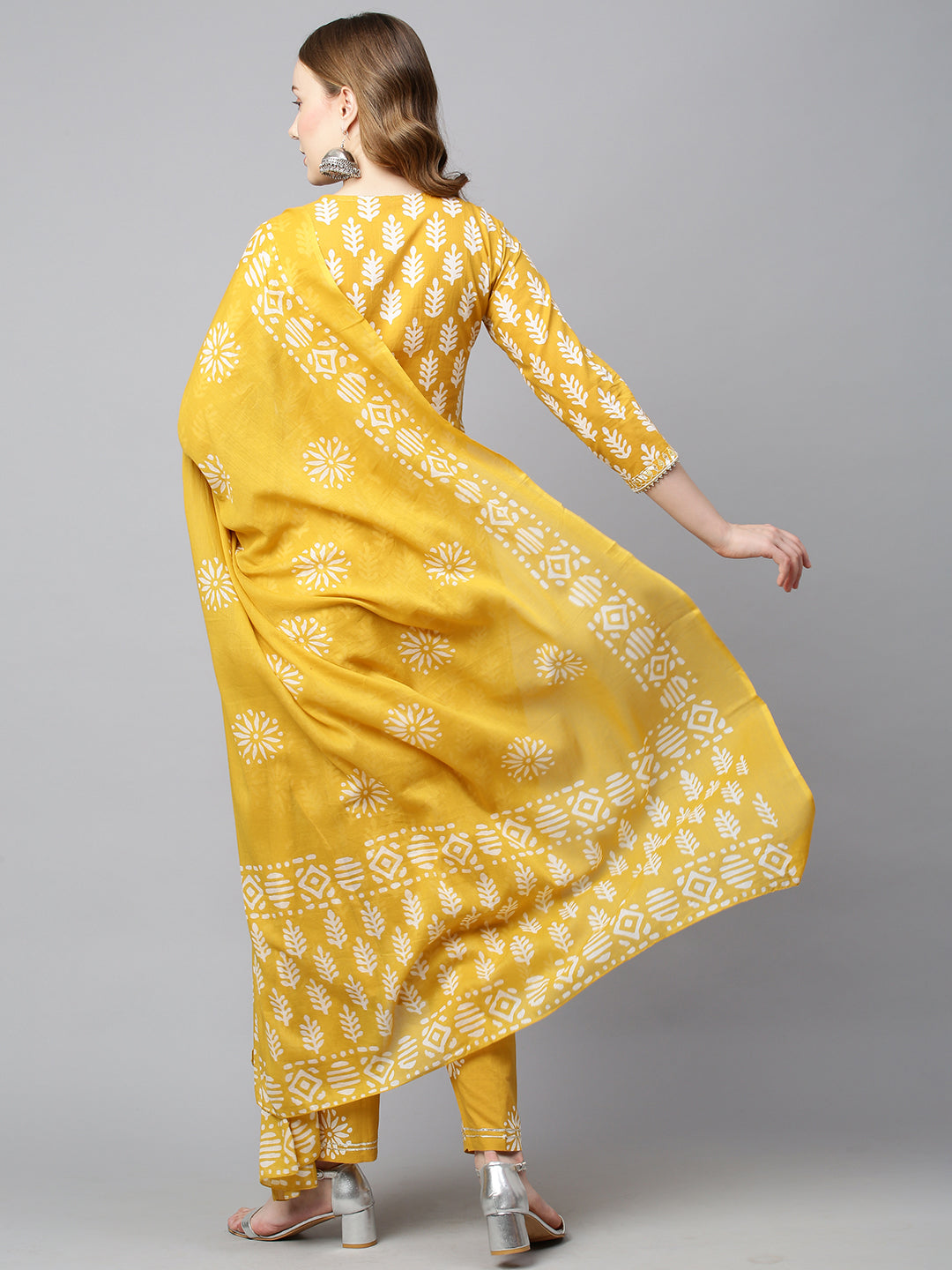 Ethnic Printed & Embroidered Straight Kurta with Pants & Dupatta - Mustard