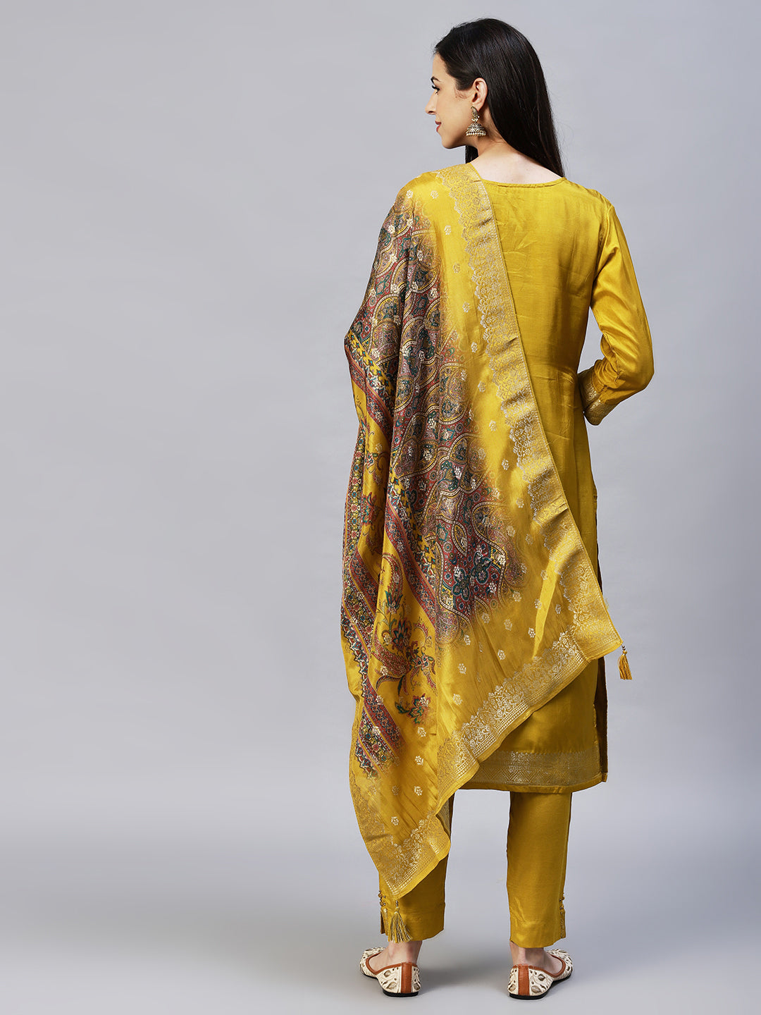 Ethnic Woven & Embroidered Straight Kurta with Pants & Dupatta - Mustard