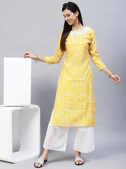 Ethnic Printed & Embroidered Straight Fit Kurta - Yellow