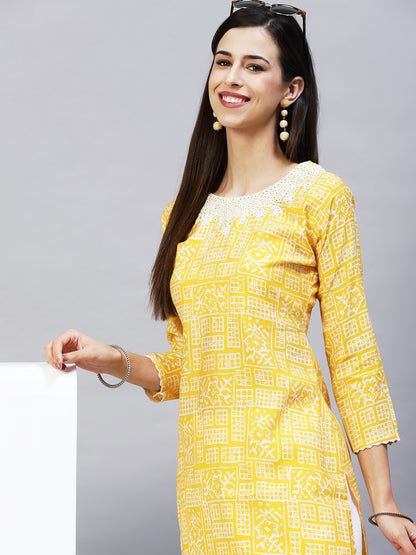 Ethnic Printed & Embroidered Straight Fit Kurta - Yellow