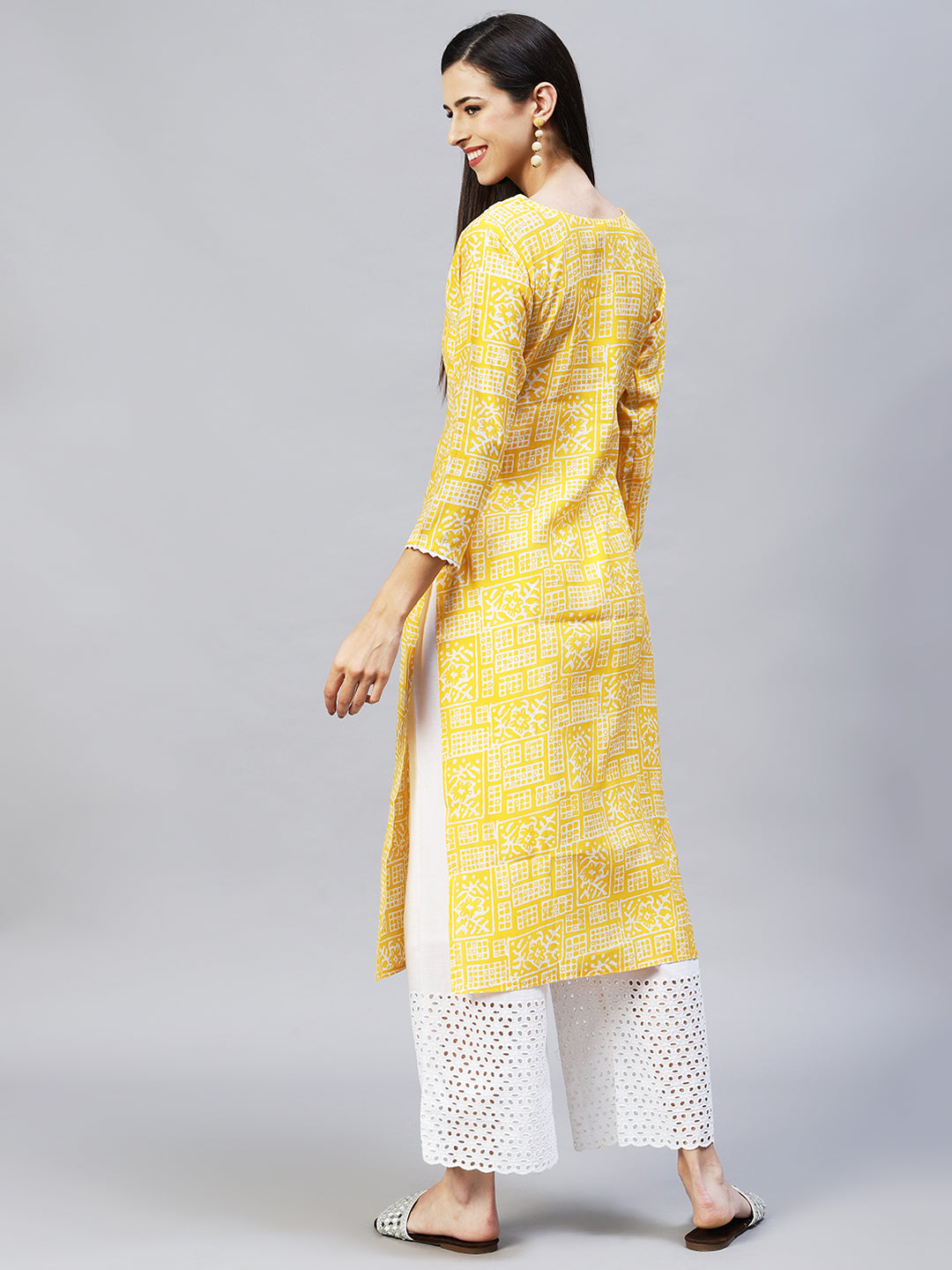 Ethnic Printed & Embroidered Straight Fit Kurta - Yellow