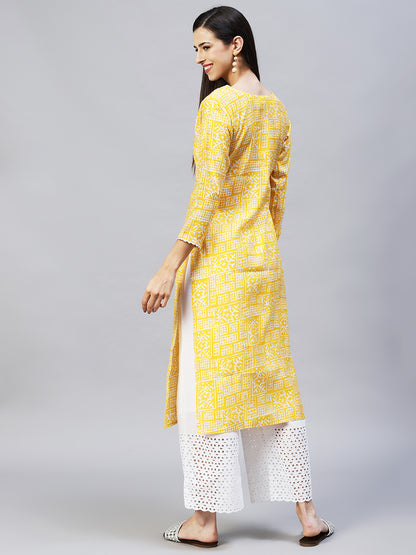 Ethnic Printed & Embroidered Straight Fit Kurta - Yellow