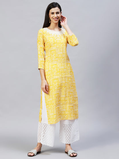 Ethnic Printed & Embroidered Straight Fit Kurta - Yellow