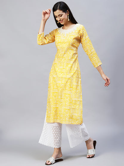 Ethnic Printed & Embroidered Straight Fit Kurta - Yellow