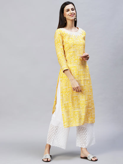 Ethnic Printed & Embroidered Straight Fit Kurta - Yellow