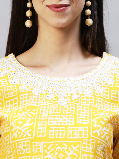 Ethnic Printed & Embroidered Straight Fit Kurta - Yellow