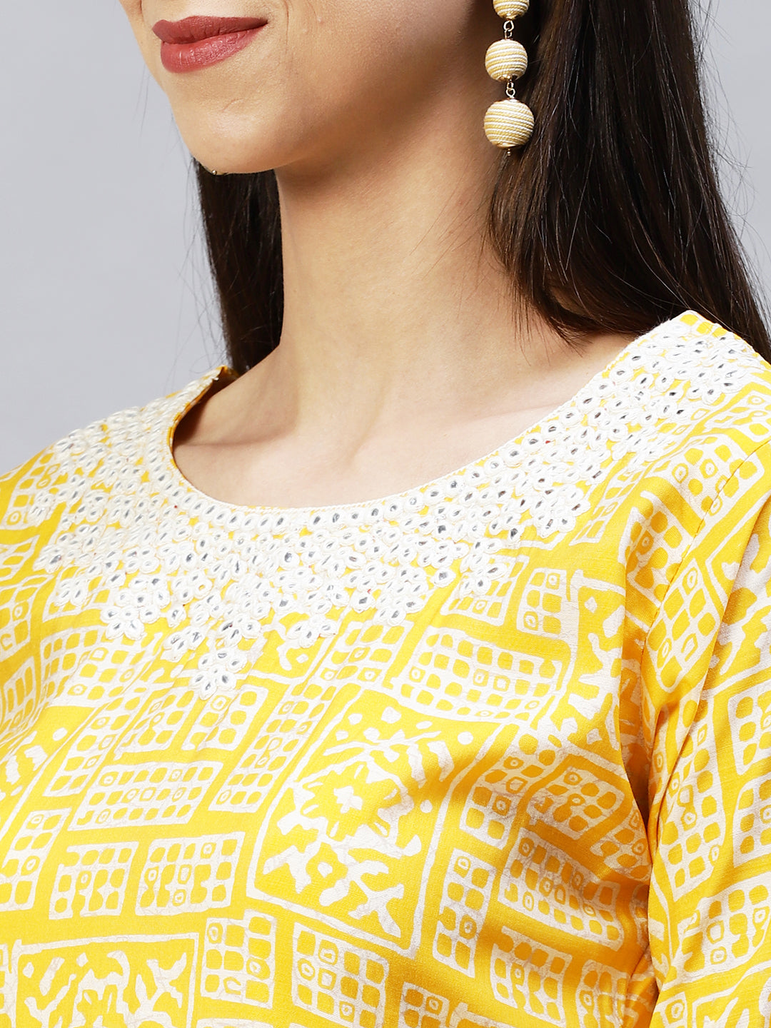 Ethnic Printed & Embroidered Straight Fit Kurta - Yellow