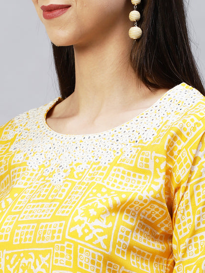 Ethnic Printed & Embroidered Straight Fit Kurta - Yellow