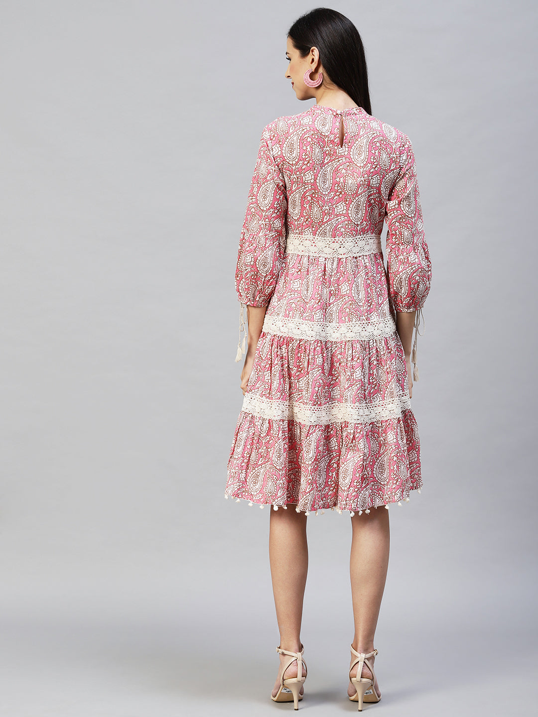 Ethnic Printed Tiered Flared Midi Dress - Pink