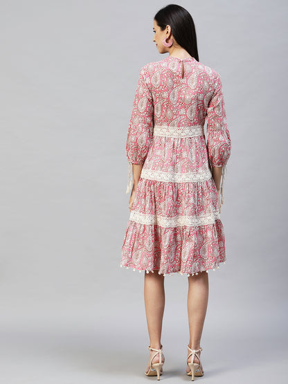 Ethnic Printed Tiered Flared Midi Dress - Pink