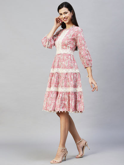 Ethnic Printed Tiered Flared Midi Dress - Pink