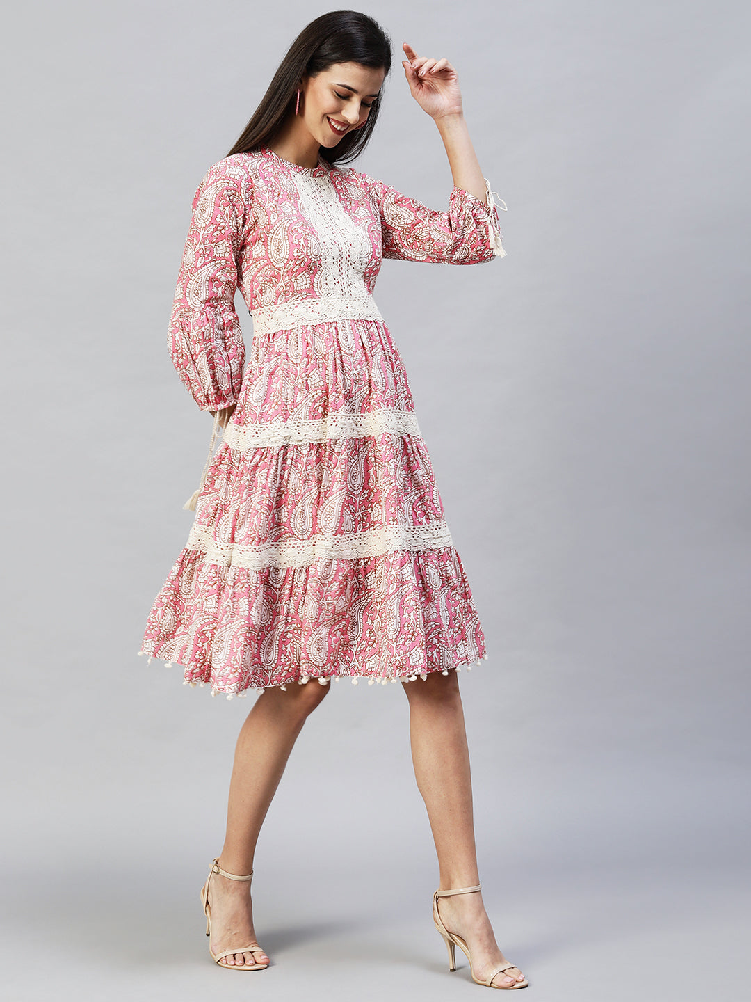 Ethnic Printed Tiered Flared Midi Dress - Pink