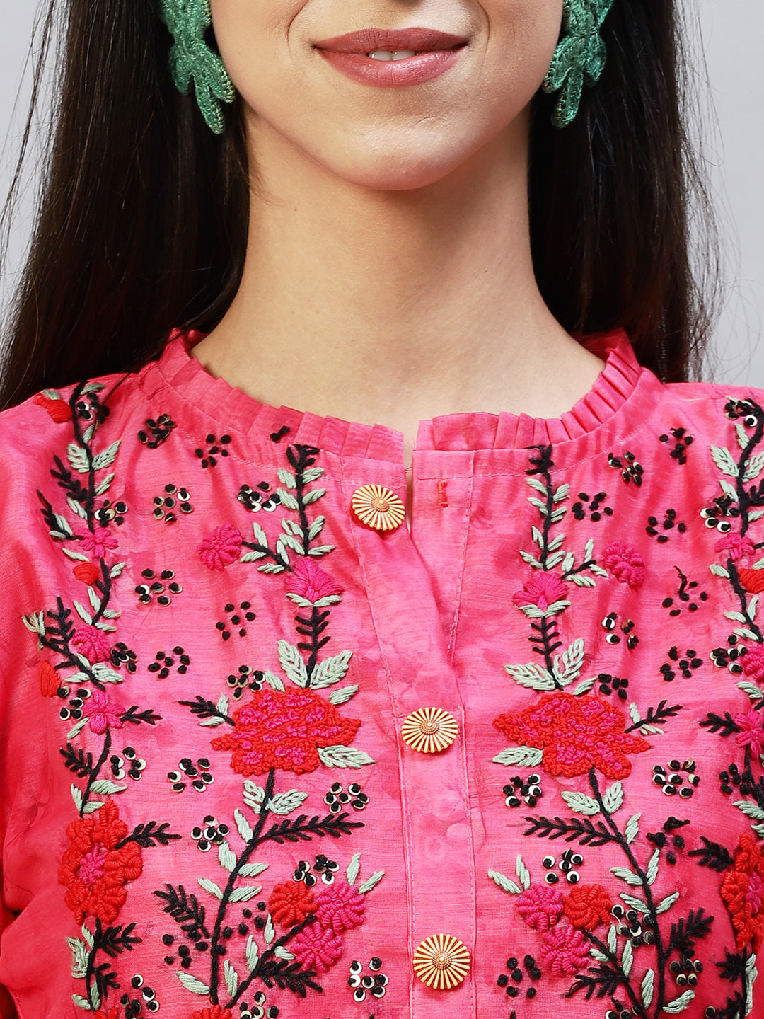 Abstract Printed & Hand Embroidered Straight Kurta with Pants - Pink