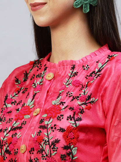 Abstract Printed & Hand Embroidered Straight Kurta with Pants - Pink