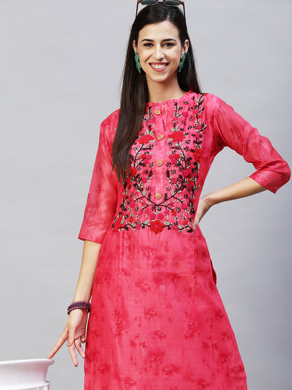 Abstract Printed & Hand Embroidered Straight Kurta with Pants - Pink