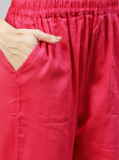 Abstract Printed & Hand Embroidered Straight Kurta with Pants - Pink