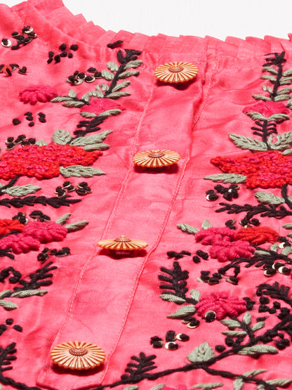 Abstract Printed & Hand Embroidered Straight Kurta with Pants - Pink