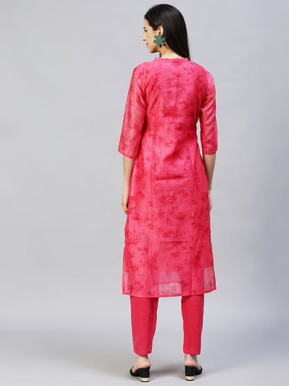 Abstract Printed & Hand Embroidered Straight Kurta with Pants - Pink