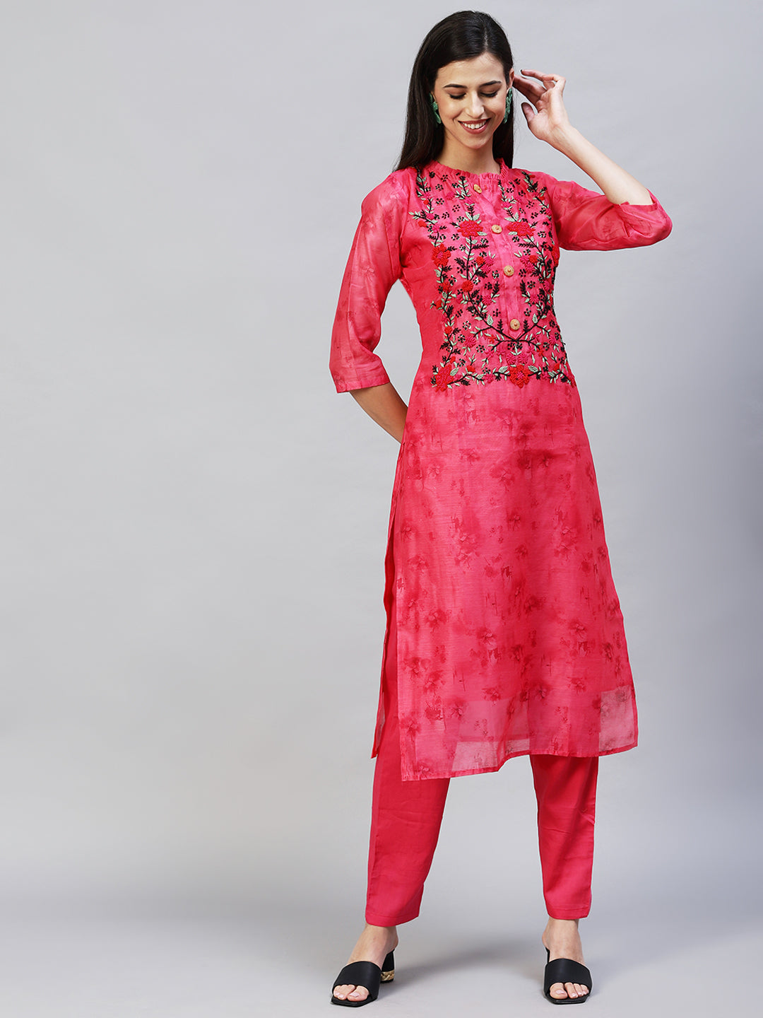 Abstract Printed & Hand Embroidered Straight Kurta with Pants - Pink
