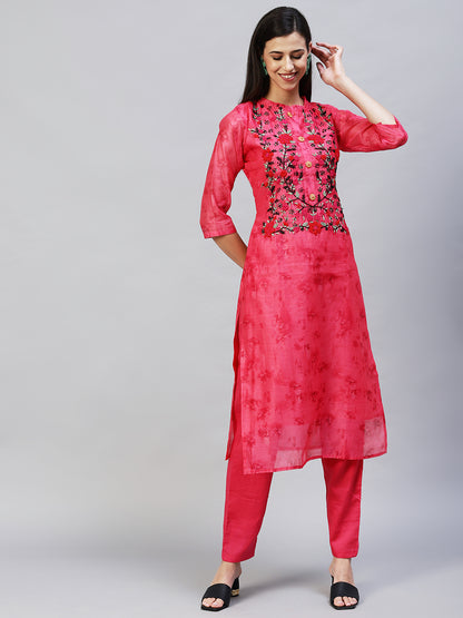 Abstract Printed & Hand Embroidered Straight Kurta with Pants - Pink