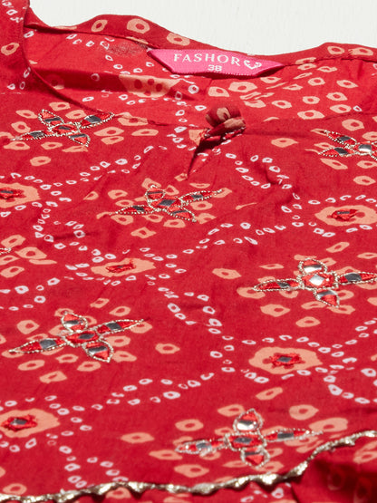 Bandhani Printed & Embroidered A-Line Kurta with Pants – Red
