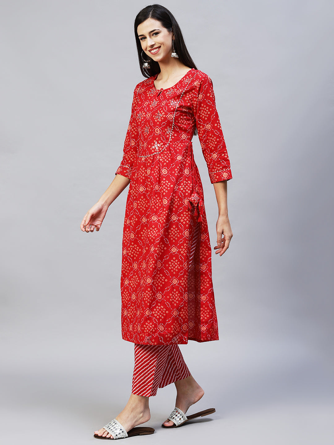 Bandhani Printed & Embroidered A-Line Kurta with Pants – Red