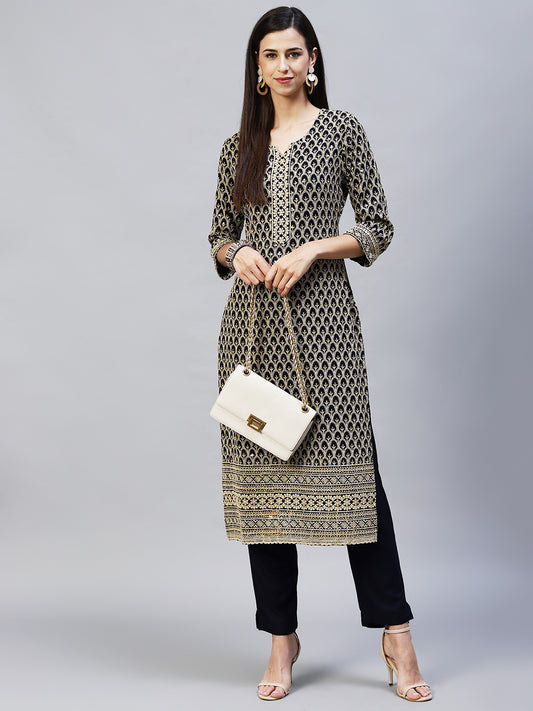 Chikankari Embroidered Straight Kurta with Pants - Navy Blue